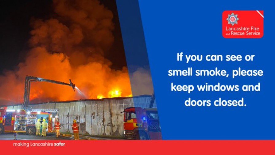 LancashireFRS's tweet photo. We have 10 fire engines at a commercial property on Shay Lane, Longridge. Firefighters were called just before 10pm this evening and local residents are encouraged to keep windows and doors shut if they can smell or see smoke. https://t.co/hnH6jrk5Q9