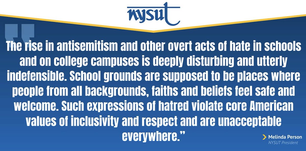 MelindaJPerson's tweet photo. Deeply disturbed by the rise in antisemitism and other overt acts of hate in schools and on college campuses. These acts of hatred defy the inclusivity and respect at the heart of American values. Schools must be safe havens for all. #StopHate #PublicSchoolsUniteUs @nysut https://t.co/DIfdyA68kL