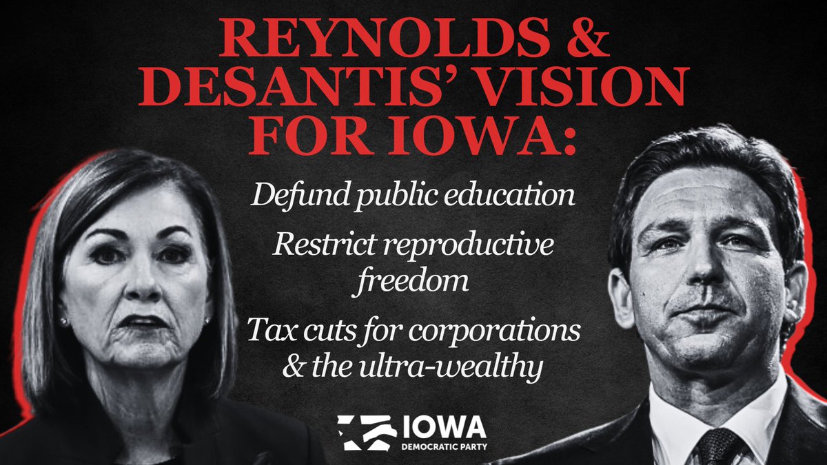 The secret is out – <a href="/IAGovernor/">Gov. Kim Reynolds</a> is endorsing <a href="/RonDeSantis/">Ron DeSantis</a>' presidential bid as he continues to tout policies that are deeply unpopular with the majority of Iowans &amp; Americans.

Our state deserves better than MAGA Republicans' extremism.