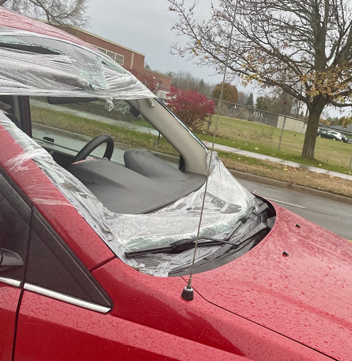 If you have ever asked yourself if plastic wrap would make a suitable windshield replacement, the answer is most definitely “NO”.
This vehicle was stopped this afternoon by #GrenvilleOPP, driver charged with operate unsafe vehicle. ^dh