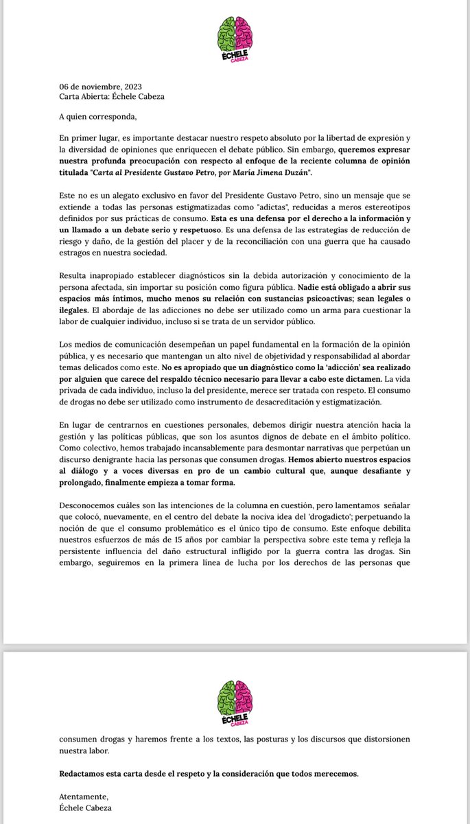 echelecabeza's tweet photo. #CartaAbierta Redactamos esta carta desde el respeto y la consideración que todxs merecemos. @MJDuzan @estoescambio https://t.co/TartFt6jEL