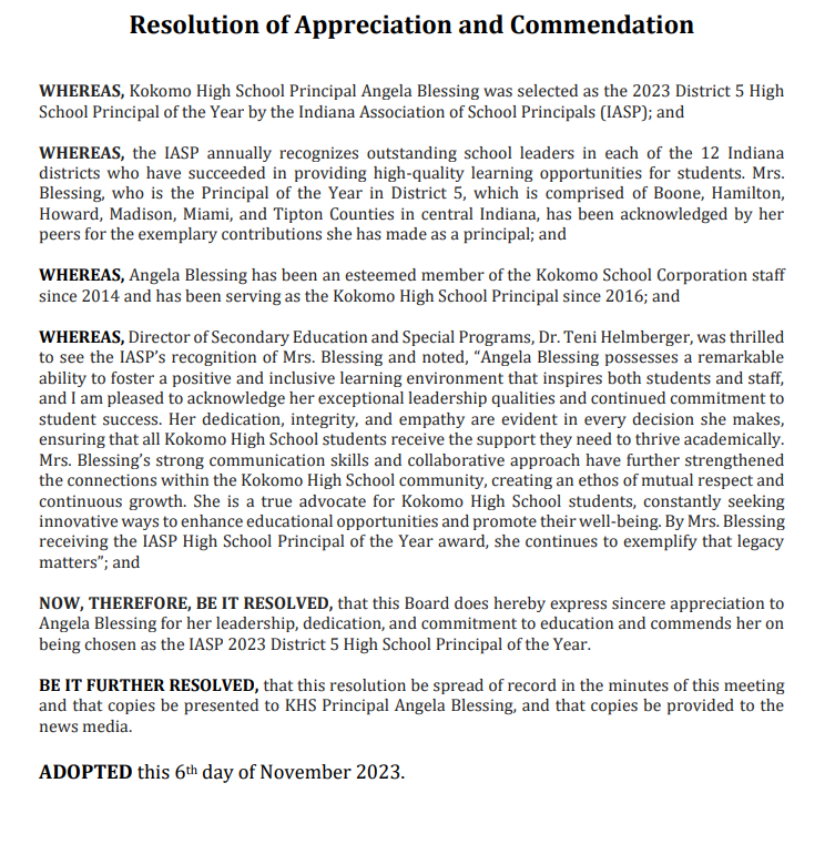 2.01 High School Principal of the Year for District 5 - Angela Blessing

Approved, no discussion

Congrats!