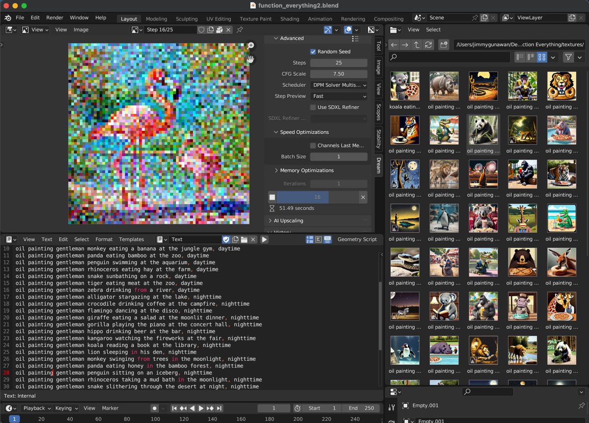 jimmygunawanapp's tweet photo. Everything is f(x)-ed! โ f(x) = BLEND x AI #dreamtextures #b3d #blender3d
Exploration of AI generations, now actually a lot faster inside Dream Texture addon, with SDXL support. https://t.co/jYznE4uXlp