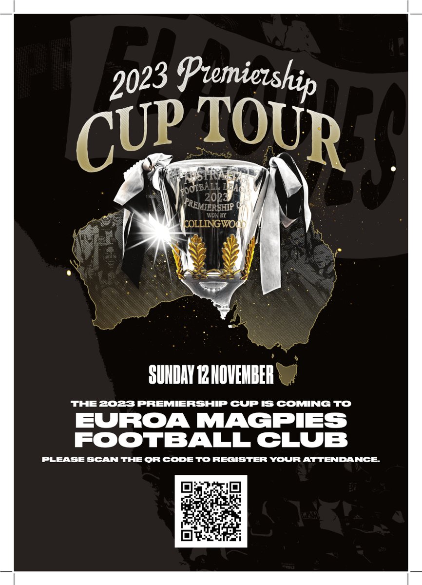 The 2023 <a href="/AFL/">AFL</a> Premiership Cup won by <a href="/elliott_jw/">Jamie Elliott</a>  's <a href="/CollingwoodFC/">Collingwood FC</a> Magpies is coming to Memorial Oval Sunday 12 November 3pm-5pm.

Register Below:
tb.collingwoodfc.com.au/tb_app/493746
