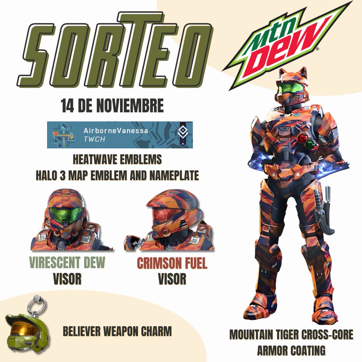 AirborneVanessa's tweet photo. ❤️SORTEO MTN GAME FUEL💚

El 14 de noviembre habrá un mapa original temático y una nueva lista en #HaloInfinite en honor a Halo 3 👀 y para celebrar daré un código con el paquete MTN DEW.

Para participar: 

✅Seguirme @AirborneVanessa 
✅Like y rt
✅Etiquetar a 2 amigos https://t.co/hlJuimYX5p