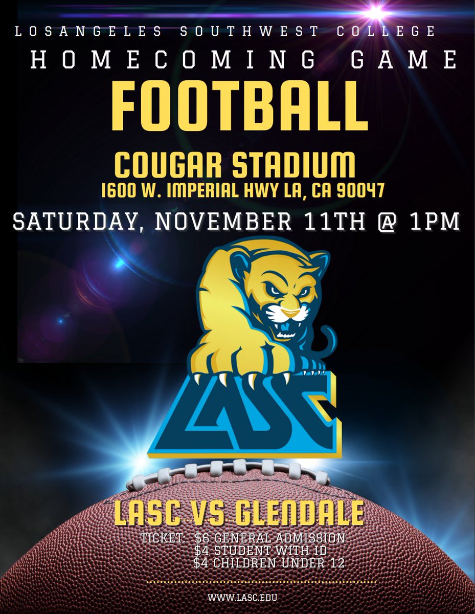 Hello Cougars,

Put on your school colors and come cheer for our team as they battle for victory! Your presence will make this event even more memorable. We can't wait to see you there and share the Homecoming spirit together! #lasccougarpride