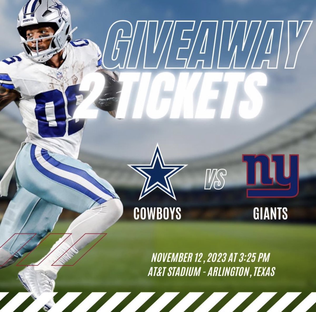 BenAbbottTX's tweet photo. GIVEAWAY: Enter to win 2 TICKETS to the Cowboys vs Giants on 11/12 at 3:25 pm at the AT&amp;T Stadium!

HOW TO ENTER:
➡️FOLLOW ➡️LIKE ➡️REPOST
➡️TAG 3 below
 
For additional entries, enter through our FB&amp;IG @BenAbbottTX

DRAWING: Fri  11/10 at 12 pm. live on FB https://t.co/B5xEJT7k1P