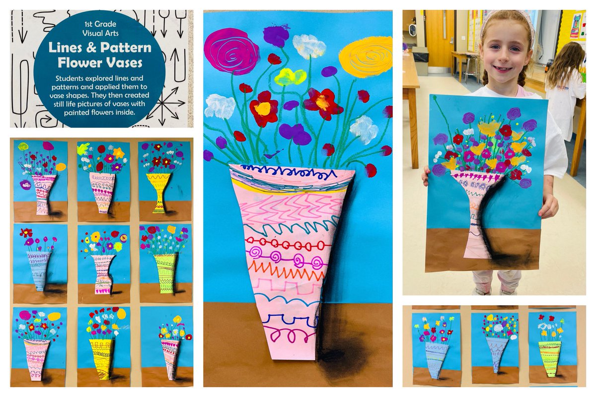 GanzVisualArt's tweet photo. 1st grade Flower Vases: exploring lines and shadows. #davis1 #arted #artsed https://t.co/IvWvMU2Rey