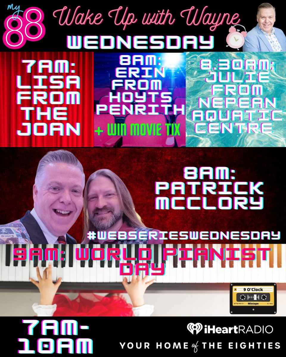 My88_FM's tweet photo. Tomorrow:
7am: Lisa from the Joan
8am: Erin from Hoyts
8.30: Julie from Nepean
8am: #WebSeriesWednesday with Patrick McClory from Runai
#9OClockMixTape #WorldPianistDay songs from singers who are great piano players, who do you think we'll play?
Stream: https://t.co/bqfAV4r1N5 https://t.co/asW4uP0API