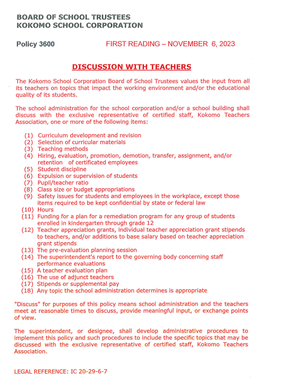 5.01 First Reading - New Board Policy

no action required