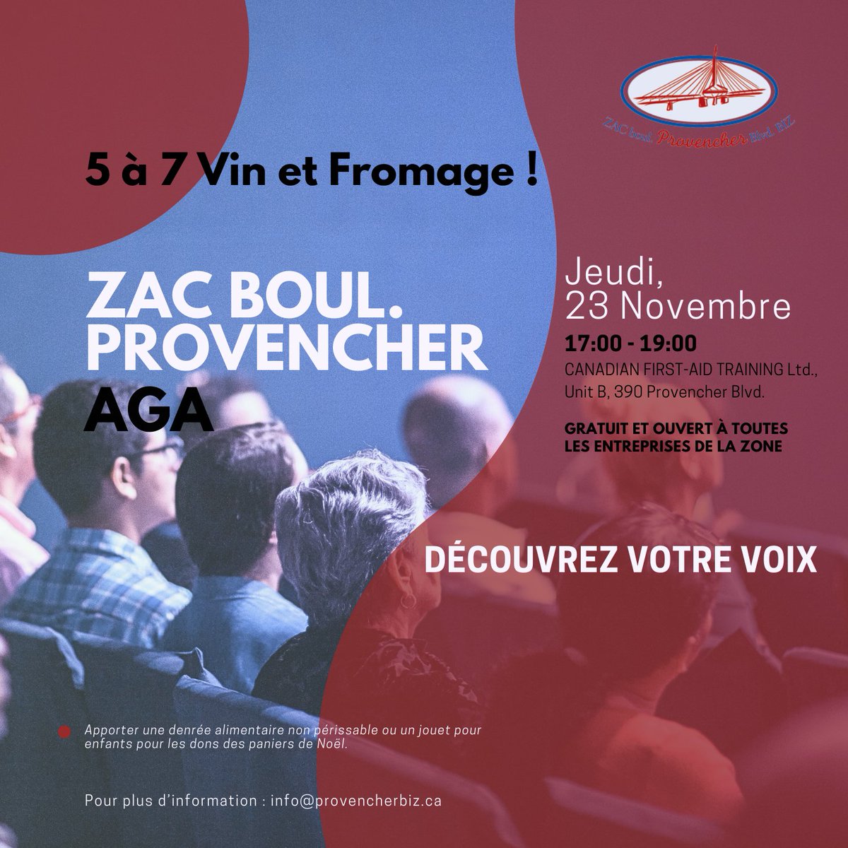 Rejoignez-nous pour l'AGA 2023 de ZAC boul. Provencher le 23 novembre de 17h à 19h, au CANADIAN FIRST-AID TRAINING Ltd., Unité B 390, boulevard Provencher. Parking gratuit disponible !  Insrivez-vous ici: eventbrite.com/e/discover-you… 🌟 #ProvencherBIZ #AGA2023 #ImpactCommunautaire 🎁