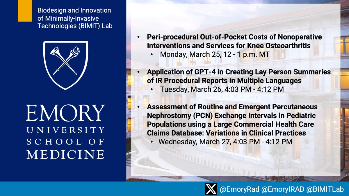 BIMIT Lab (@bimitlab) on Twitter photo Looking forward to 7 innovative presentations at #SIR2024 by BIMIT Team on innovative topics ranging PCNs, post-UFE management, health economic analyses, and LLMs @ZachBercuMD <a href="/angiowoman/">Janice Newsome MD FSIR</a> <a href="/hanssenli/">Hanssen Li, MD</a> <a href="/judywawira/">Judy Gichoya</a> <a href="/johntmoon/">John T Moon</a> @AmitSaindane <a href="/EKrupinski/">Elizabeth Krupinski</a> <a href="/EmoryIRad/">Emory University Interventional Radiology</a> @EmoryRadiology Looking forward to 7 innovative presentations at #SIR2024 by BIMIT Team on innovative topics ranging PCNs, post-UFE management, health economic analyses, and LLMs @ZachBercuMD <a href="/angiowoman/">Janice Newsome MD FSIR</a> <a href="/hanssenli/">Hanssen Li, MD</a> <a href="/judywawira/">Judy Gichoya</a> <a href="/johntmoon/">John T Moon</a> @AmitSaindane <a href="/EKrupinski/">Elizabeth Krupinski</a> <a href="/EmoryIRad/">Emory University Interventional Radiology</a> @EmoryRadiology