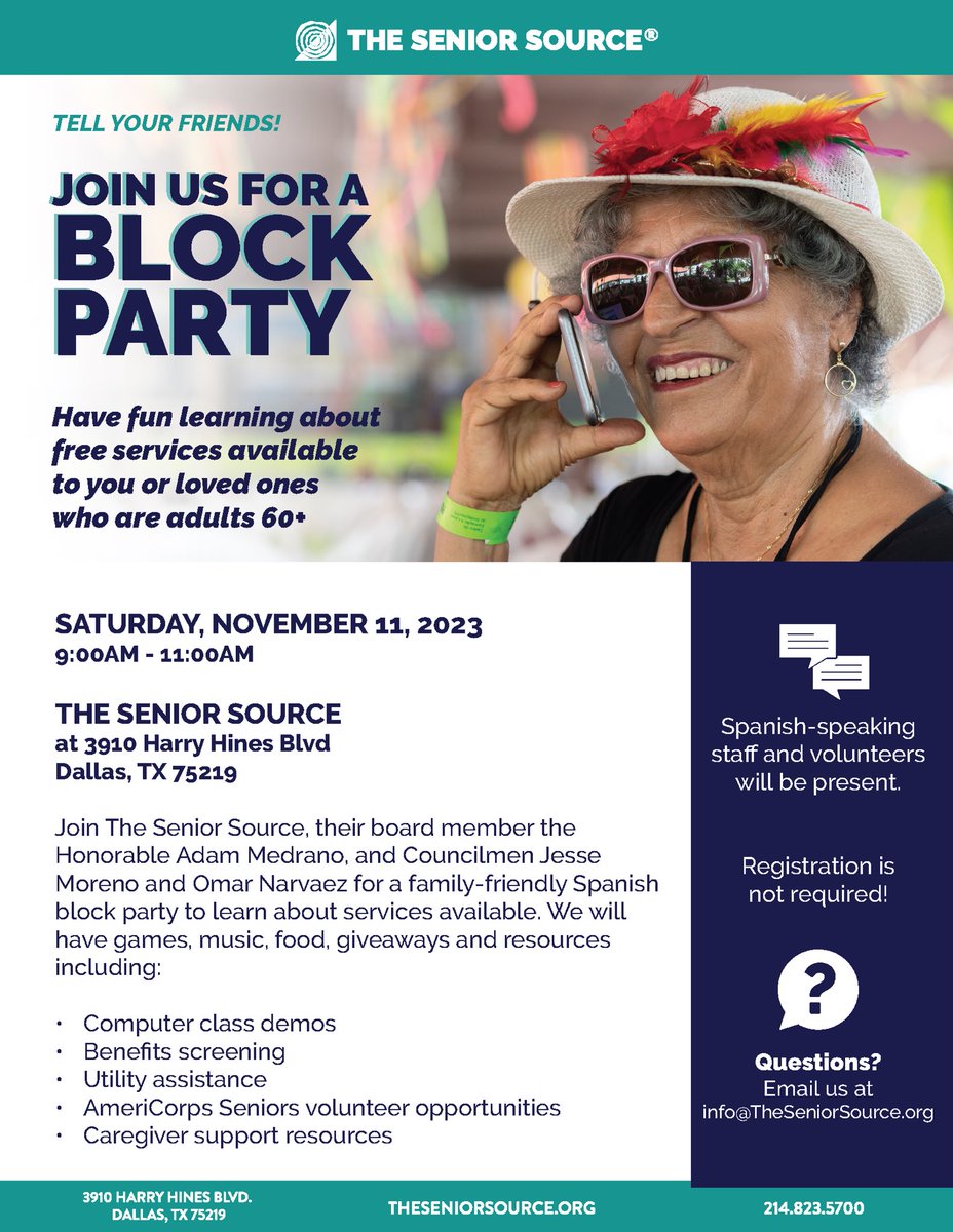 Dallas City Council District 2 (@cityofdallasd2) on Twitter photo I’m excited for the upcoming <a href="/TheSeniorSource/">The Senior Source</a> block party with <a href="/VoteAdamMedrano/">Adam Medrano</a> and <a href="/VoteOmarNarvaez/">Omar Narvaez</a> for food and games! We will be at the Senior Source building at 9 A.M. this Saturday. I’m excited for the upcoming <a href="/TheSeniorSource/">The Senior Source</a> block party with <a href="/VoteAdamMedrano/">Adam Medrano</a> and <a href="/VoteOmarNarvaez/">Omar Narvaez</a> for food and games! We will be at the Senior Source building at 9 A.M. this Saturday.