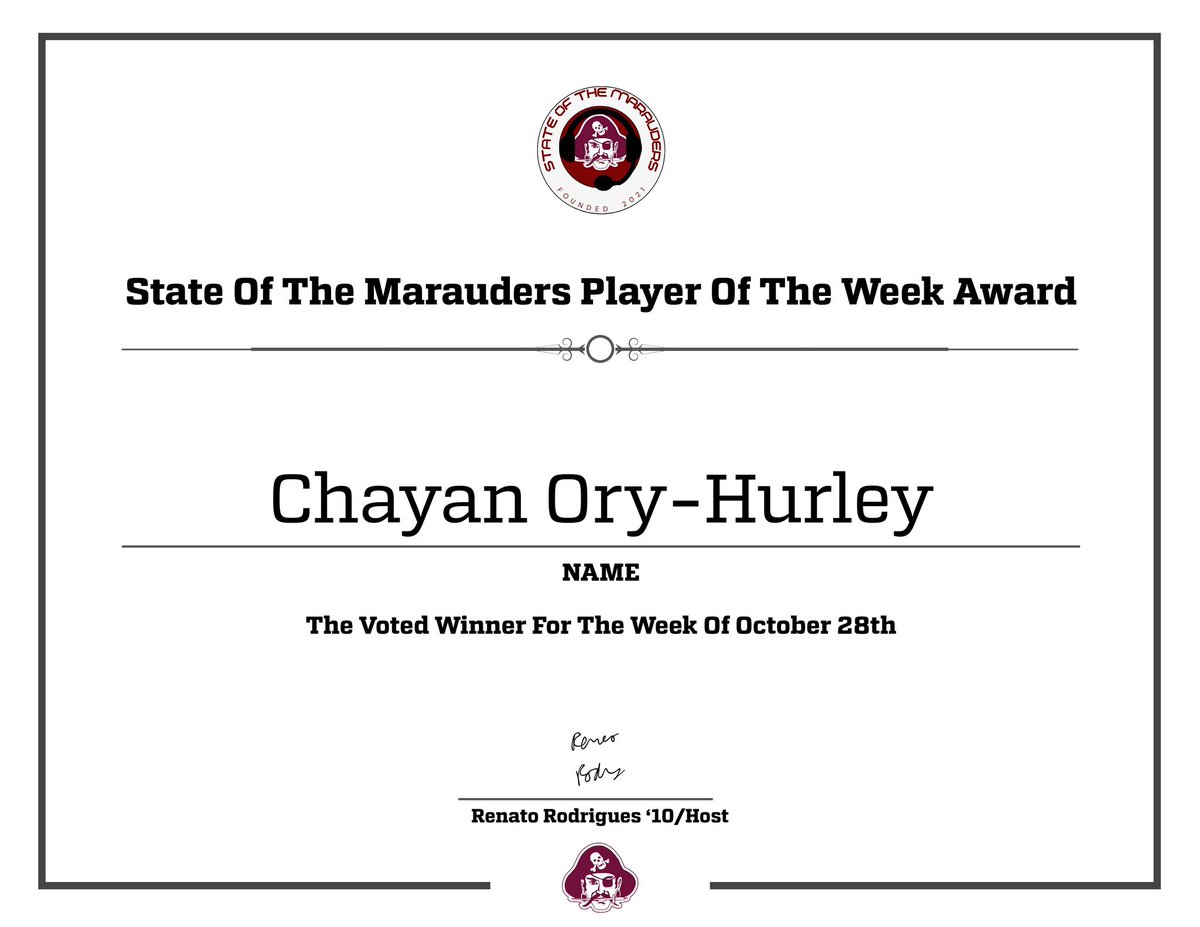 We want to congratulate this week’s Marauder Player Of The Week Award Winner… From The Cross-Country Team: Sophomore Chayan Ory-Hurley!!
Thank you to all those who voted this week and stay tuned to see who are the candidates for the final award of the Fall 2023 season!