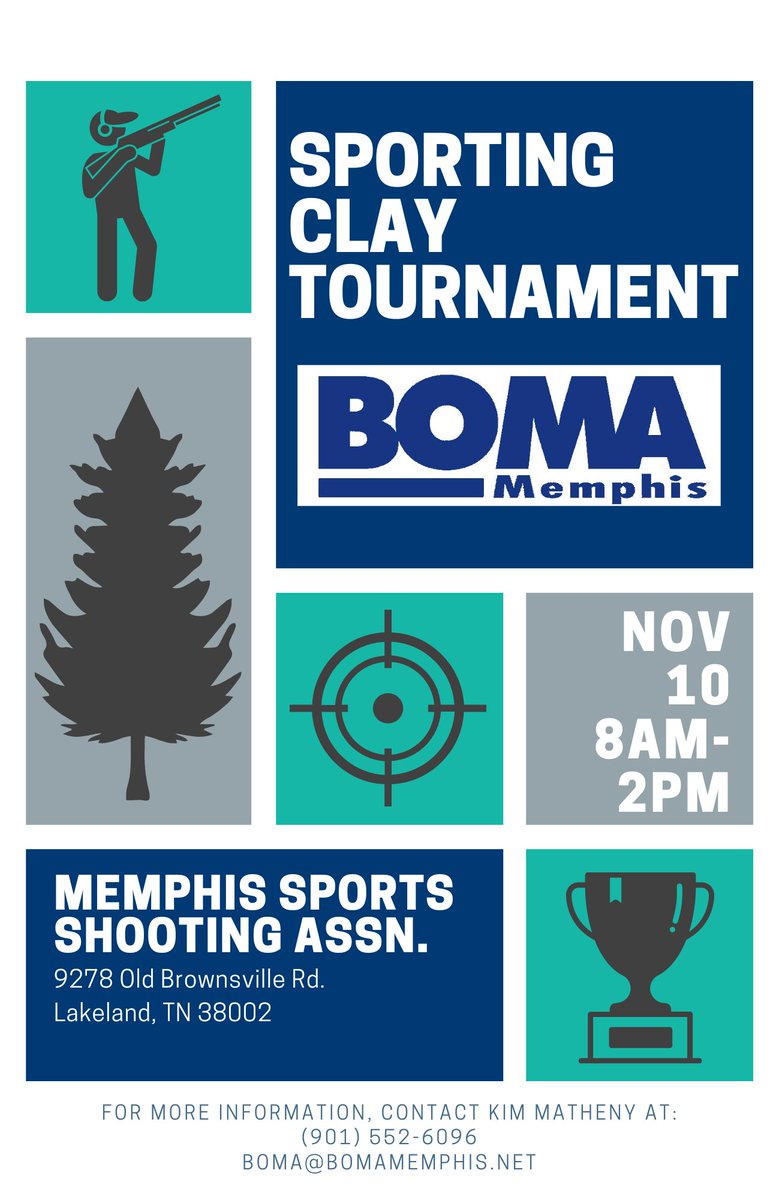 This Friday!

The Annual BOMA Memphis, Sporting Clay Tournament, Sponsored By Signal of Memphis.

Friday, November 10, 2023 
Registration: 8:00 a.m.  
Breakfast: 8:00 – 8:55 a.m. 
Start: 9:00 a.m. 
Lunch: Immediately Following Event.

We can't wait!