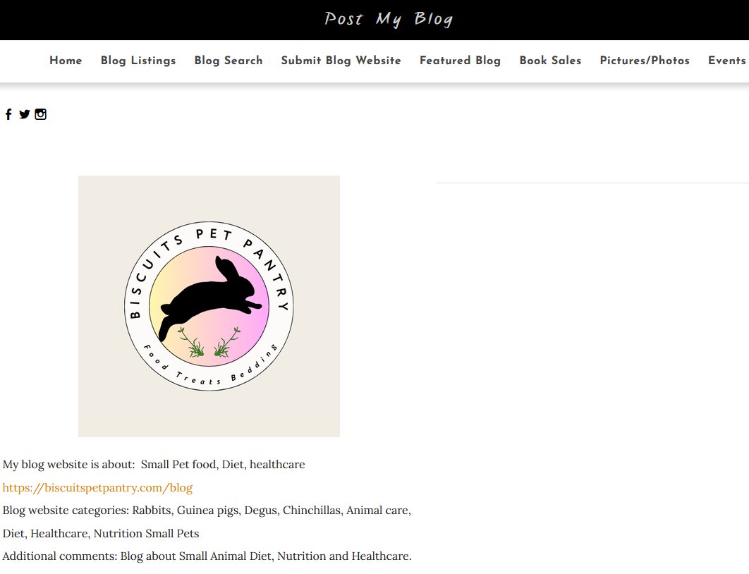 PostMyBlog_Com's tweet image. My blog website is about:  Small Pet food, Diet, healthcare
biscuitspetpantry.com/blog
Blog website categories: Rabbits, Guinea pigs, Degus, Chinchillas, Animal care, Diet, Healthcare, Nutrition Small Pets
Additional comments: Blog about Small Animal Diet, Nutrition and Healthcare.