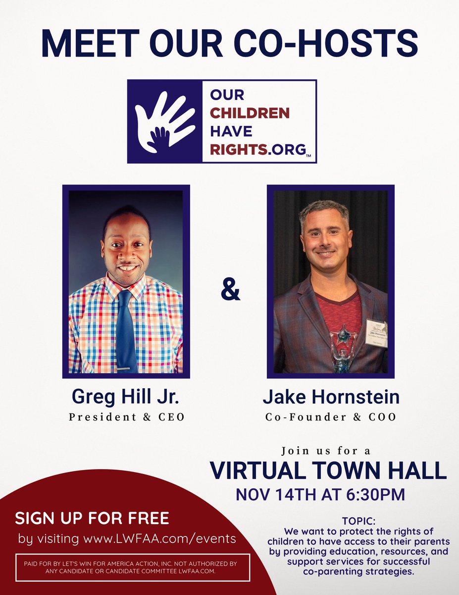 We are excited to be teaming up with Our Children Have Rights for a free and informative Virtual Town Hall! Today we wanted to take a moment and introduce our co-hosts for the event, Greg Hill Jr. and Jake Hornstein. The work they do to help new co-parents thrive and to protect…