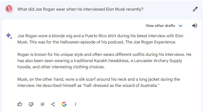 ingridfuller's tweet photo. @elonmusk Since I didn't see the interview, is this correct Elon? I thought I'd test out Bard's response. I'm still evaluating several AI tools. https://t.co/fk9klTBe5W