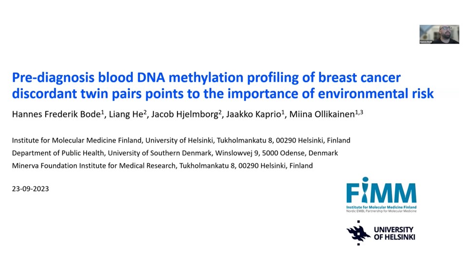CANCERPREV (@cancerprev1) on Twitter photo <a href="/HannesBode/">Hannes Frederik Bode</a> <a href="/FIMM_UH/">FIMM HelsinkiUni</a> examine DNA methylation patterns in identical twin pairs, where one developed #Breastcancer and the other did not. 
Hannes' research reveals the significance of environmental factors in #Breastcancer development ➡️equinoxconference.org/recordings/r13 <a href="/HannesBode/">Hannes Frederik Bode</a> <a href="/FIMM_UH/">FIMM HelsinkiUni</a> examine DNA methylation patterns in identical twin pairs, where one developed #Breastcancer and the other did not. 
Hannes' research reveals the significance of environmental factors in #Breastcancer development ➡️equinoxconference.org/recordings/r13