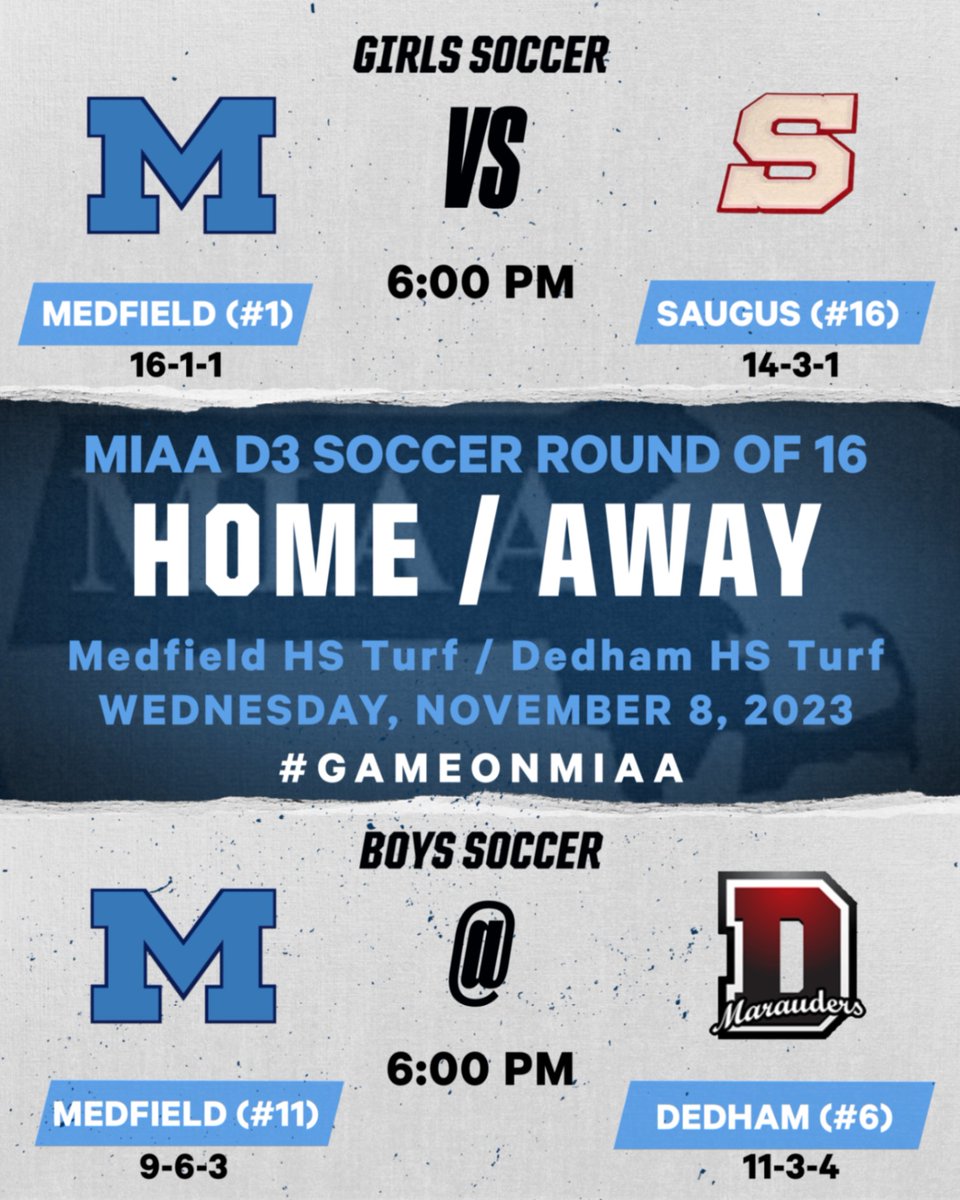 MedfieldAD's tweet photo. D3 @MIAA033 Soccer Wednesday (11/8)!
Boys Soccer ⚽️:
@Medfieldsoccer (#11) @ @DedhamAthletics (#6)
📍 - DHS Turf
Girls Soccer ⚽️:
@G_MEDSOC (#1) vs @SaugusSachemsAD (#16)
📍 - MHS Turf
🎟️- https://t.co/2c551kovar only
@coachmace @GlobeSchools @BostonHeraldHS @TVLSportsMa https://t.co/kdBrrpRpq8