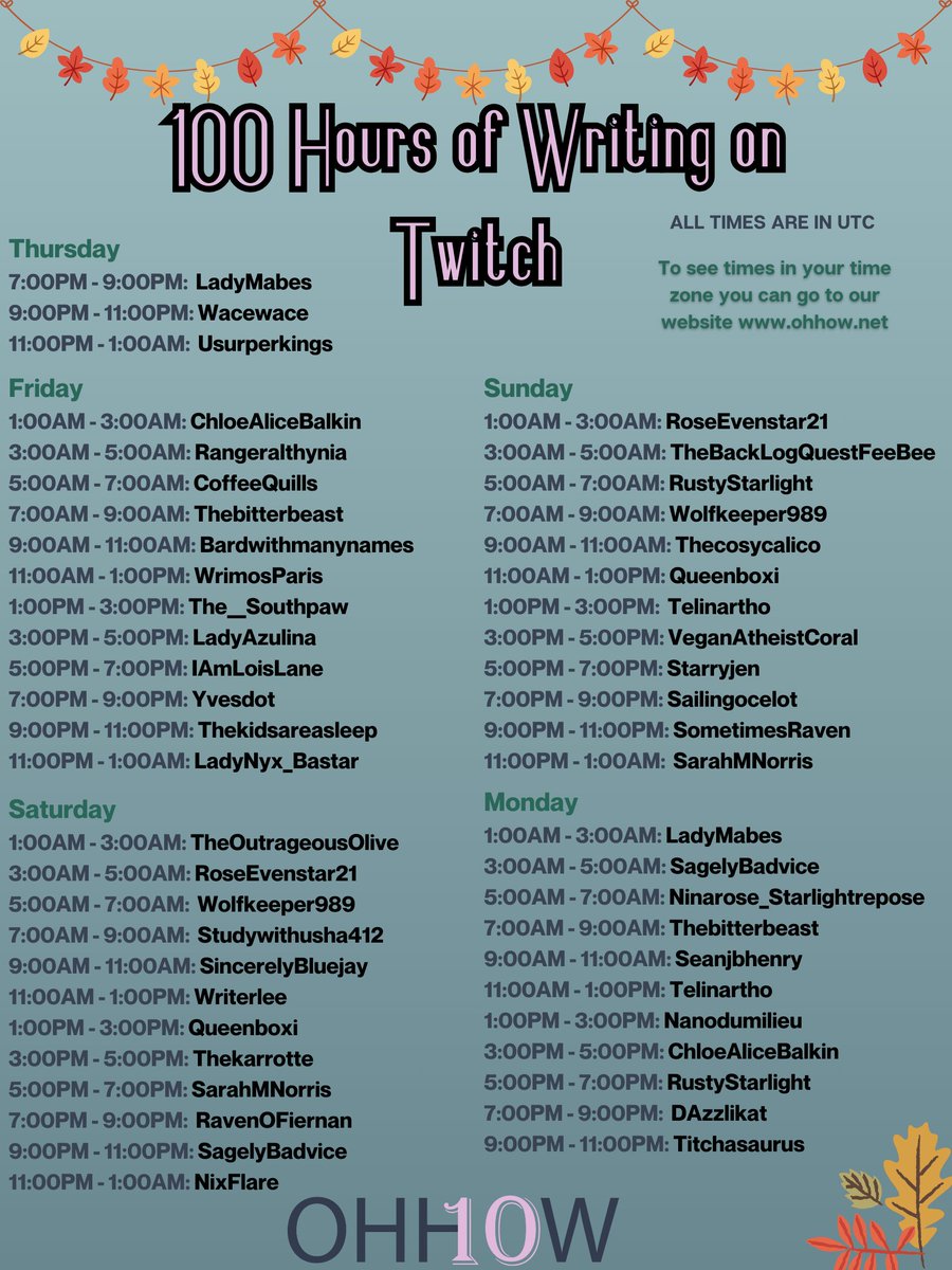TelinArtho's tweet image. Cancel your plans this weekend! OHHOW is taking Twitch by storm, and the writers will take over the world with their words... okay, maybe not quite that dramatic - but come join us for 100 Hours of Writing! #OHHOW #WritingCommunity #TwitchAuthors