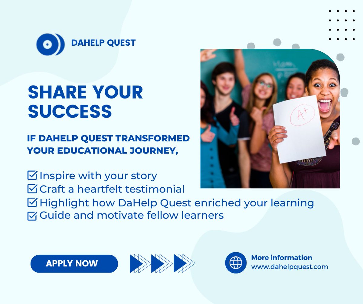 developerswollc's tweet image. Be the Inspiration: Share Your DaHelp Quest Success Story and Help Others Transform Their Learning Journey. 📚 🎯🚀
•
•
#AI
#GPT
#EnhancedLearning
#FreeTrial
#StudySmart
#DaHelpQuest 
#PDFChat 
#studywithDaHelpQuest 
#students 
#AceYourExams