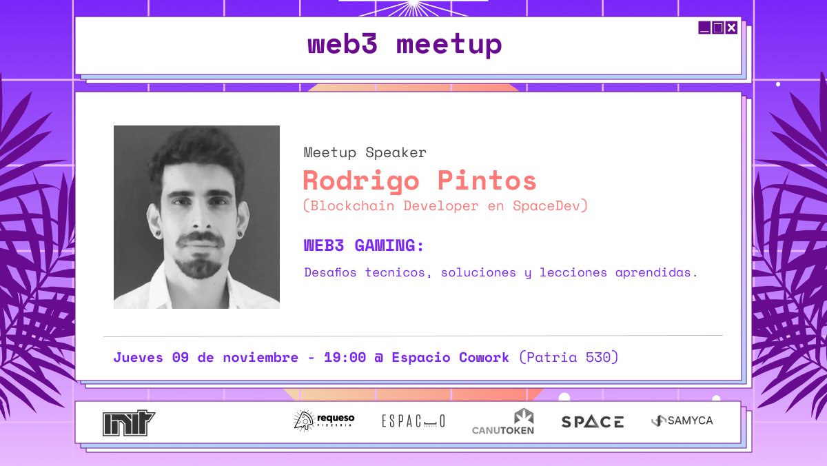 Web3 meetup presente! Nos juntamos nuevamente este jueves 9 de Noviembre.

Esta vez tenemos como presentador a Rodrigo Pintos. Nos viene a contar sobre los desafíos que enfrento en materia de web3 gaming y las experiencias que se llevo.

meetup.com/web3-meetup-in…