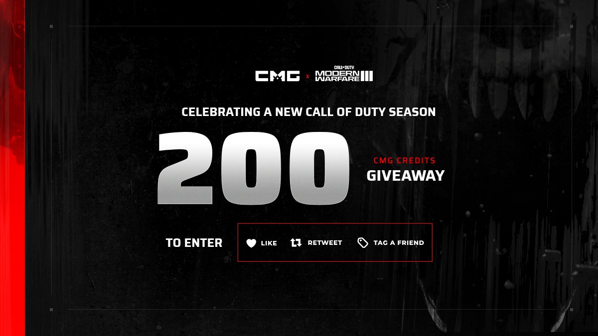 200 CMG CREDITS GIVEAWAY

HOW TO ENTER: 
♻️ Retweet this tweet
👥 Tag a friend
✅ Follow <a href="/CMG_Esports/">CMG</a>

10 winners of 20 credits each will be picked on Sunday

checkmategaming.com

#MWIII #ModernWarfareIII #ModernWarfare3 #CMG #Giveaway