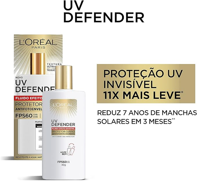 L’ORÉAL PARIS Protetor Solar Facial UV Defender Fluido – FPS 60, com ativo hialurônico, protege a sua pele dos raios UV e reduz 7 anos de manchas solares