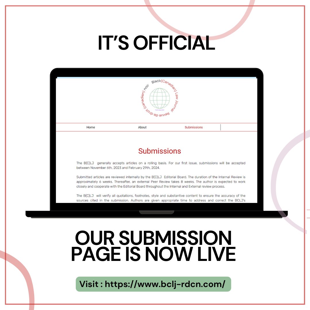 BCLJ_RDCN's tweet photo. Get ready to share your research and insights with us! We're excited to announce the launch of our submission page for the inaugural edition of The Black Canadian Law Journal/Revue de droit (Canadien) noir.

Visit: https://t.co/lUZ63mTweH https://t.co/x9MLkL9Vyv