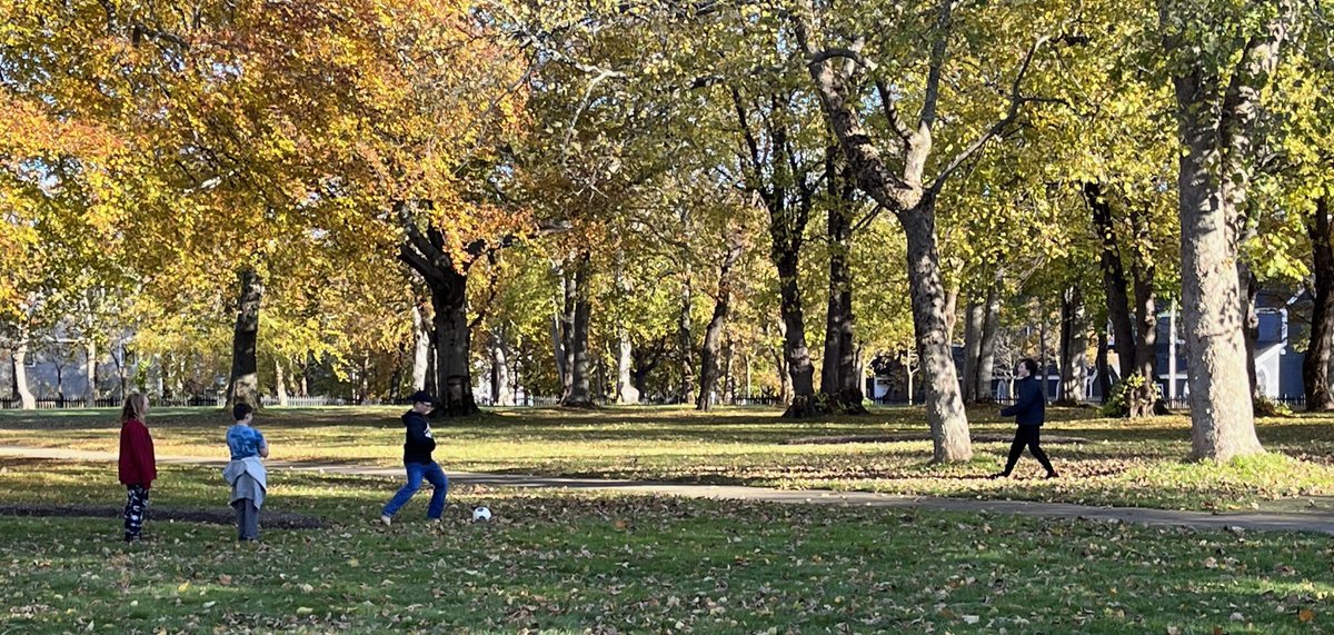 judy_foote's tweet photo. The beautiful grounds of GH was full of life on this sunny, very chilly, day when students from the neighborhood school, Bishop Field Elementary, spent time playing soccer among the Fall leaves. #outdoorbreak #healthyactivity #funtimewithfriends https://t.co/IXR4YswB4r