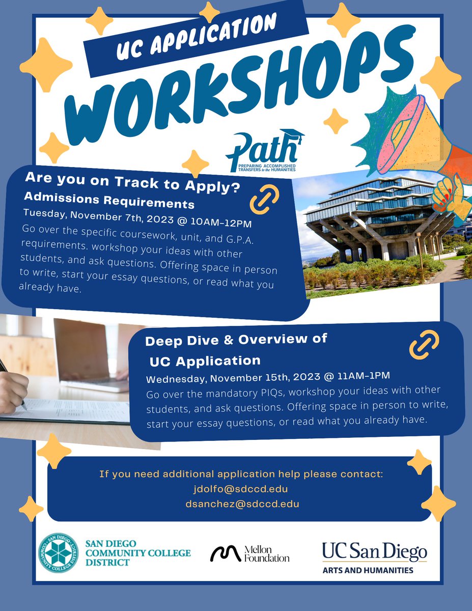 sdccdpath's tweet image. Join us tomorrow for our UC application workshop via Zoom!

Tuesday, November 7th from 10-12 PM