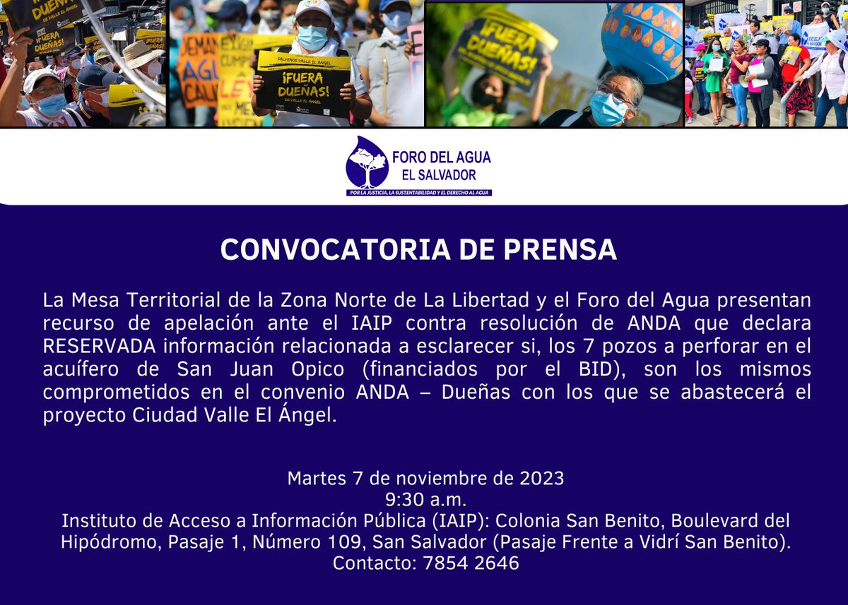 ForodelaguaSV's tweet photo. #IMPORTANTE 📢 Apelaremos ante el @iaip_elsalvador contra resolución de @ANDASV que declara RESERVADA información relacionada a esclarecer si, los 7 pozos a perforar en el acuífero de San Juan Opico (financiados por el BID), son los mismos comprometidos en el convenio ANDA–Dueñas https://t.co/TEhwMMc3kV
