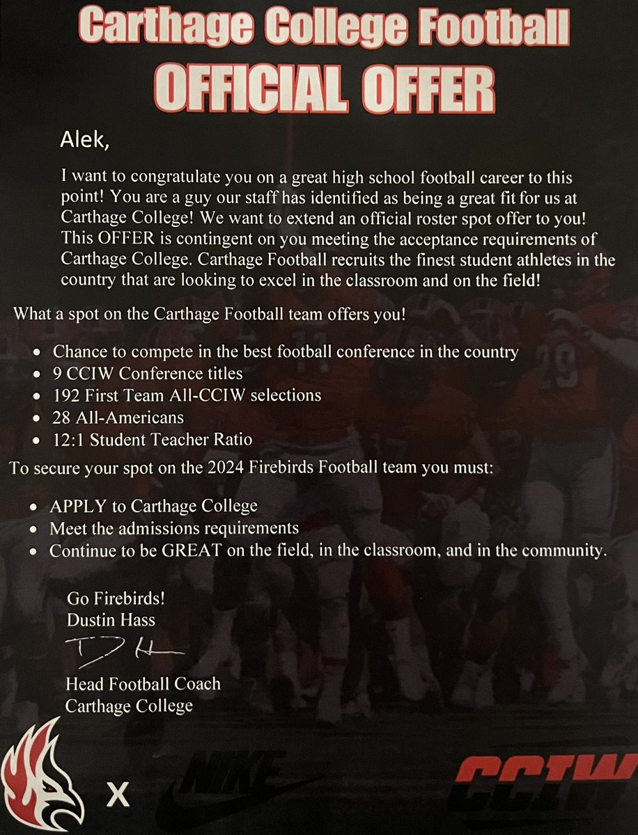 Excited to receive a roster spot offer from Carthage College! @CoachDustinHass @GRWCFootball @CoachLGrove