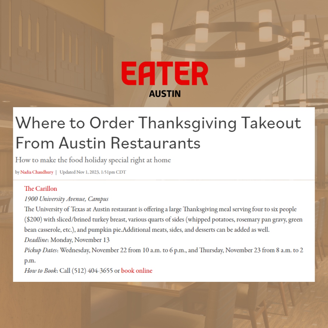 Our client <a href="/carillonaustin/">The Carillon</a> is taking the pressure off holiday cooking with their Thanksgiving brunch and to-go options. 🦃

For more information on meal times and menus, call 
(512) 404-655 or email thecarillon@attconf.utexas.edu.