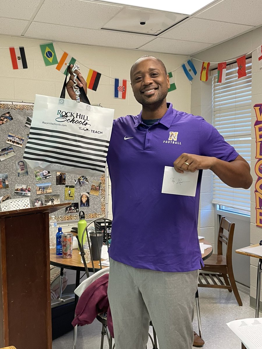 Eric Law, 6th grade Social Studies Teacher, won the Attendance Incentive, sponsored by Rock Hill Schools and The Community Partnership Foundation. Thanks Coach Law for showing up everyday for our kids and Rawlinson Road!
