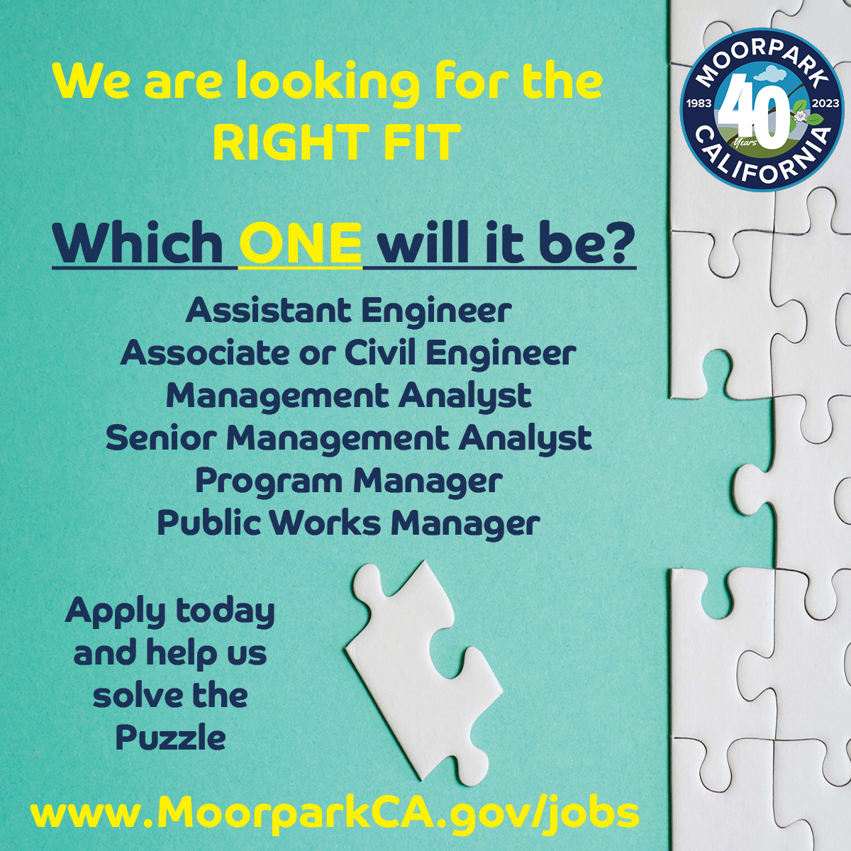 The Moorpark Public Works Department has ONE position that could be filled in many ways from an engineering background to a management analyst, program manager, or Public Works Manager. Visit our website for details and to apply. First review 11/20 moorparkca.gov/jobs