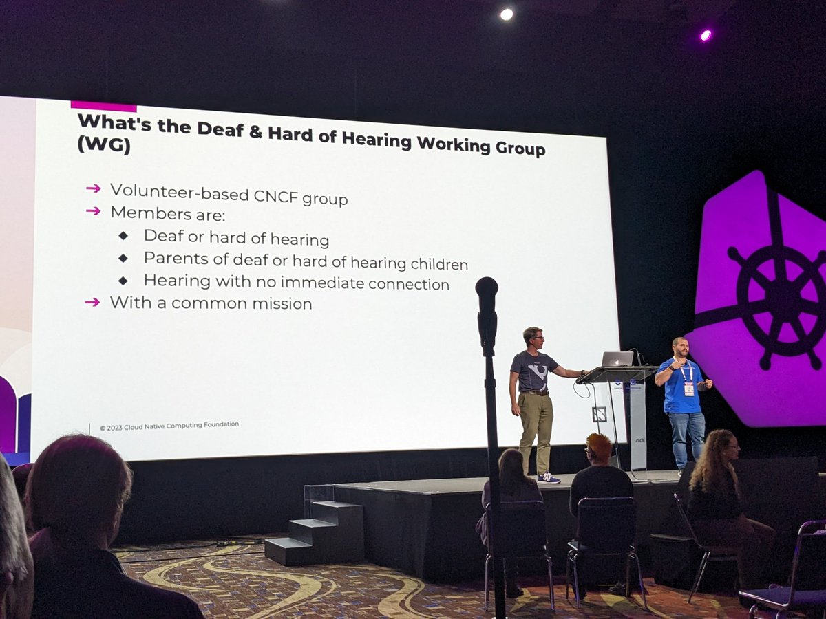 kaslinfields's tweet photo. This is the first talk I've attended at a KubeCon that is being given in sign language and translated into English in real time! Really cool to hear about the Deaf and Hard of Hearing Working Group of the @CloudNativeFdn! https://t.co/vfvHgnmJXa