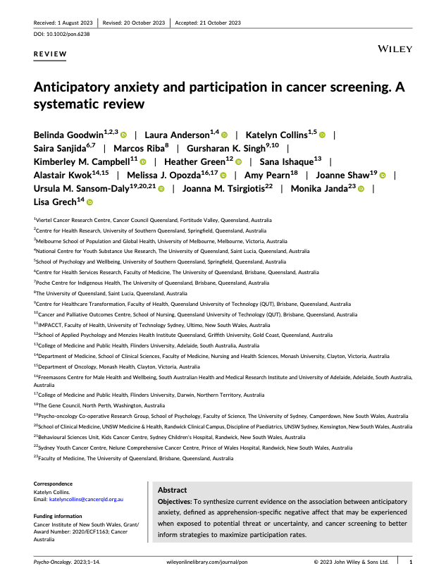 Lisa Grech (@lisagrech4) on Twitter photo Pleased to have our #systematicreview of #anticipatory #anxiety in #cancer #screening. Congratulations and #thanks to all the authors, especially Belinda Goodwin, my hardworking co-project lead. <a href="/POCOG1/">POCOG</a> <a href="/alastair_kwok/">Alastair Kwok</a> <a href="/MonikaJanda/">Monika Janda</a>. Link here: onlinelibrary.wiley.com/doi/10.1002/po… Pleased to have our #systematicreview of #anticipatory #anxiety in #cancer #screening. Congratulations and #thanks to all the authors, especially Belinda Goodwin, my hardworking co-project lead. <a href="/POCOG1/">POCOG</a> <a href="/alastair_kwok/">Alastair Kwok</a> <a href="/MonikaJanda/">Monika Janda</a>. Link here: onlinelibrary.wiley.com/doi/10.1002/po…