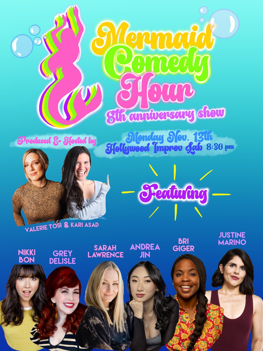 Oh my starfish, we're turning 8! It's the Mermaid Comedy Hour 8th Anniversary Show, featuring: @andreajin_ @GreyDeLisle @JustineMachine @BriGiger @thenikkibon @thesarahlawrenc @kariassad @valerie_tosi Come celebrate 11/13 @ 8:30pm @HollywoodImprov 🎟️: ticketweb.com/event/mermaid-…