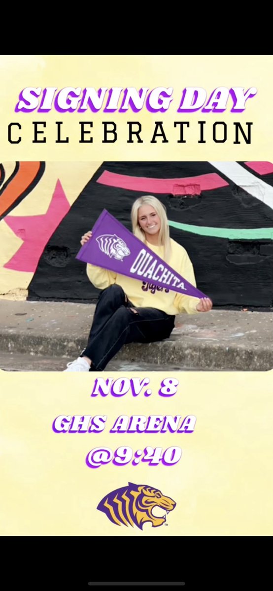 So excited for this day!! Thank you to all of those who have supported and motivated me to get to this amazing place in my journey! Join us Wednesday as I officially sign with Ouachita Baptist University 💜💛🥎#BringYourRoar🐅
