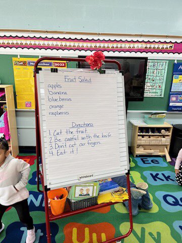 At Holy Trinity Poughkeepsie, on the St. Peter Early Childhood campus, pre-k students were using print concepts and demonstrating knowledge of print by following a recipe they created and making a delicious fruit salad.  <a href="/ArchNY_Schools/">NY Catholic Schools</a> <a href="/ArchNY_Supt/">Sr. Mary Grace Walsh, ASCJ, Ph.D.</a>