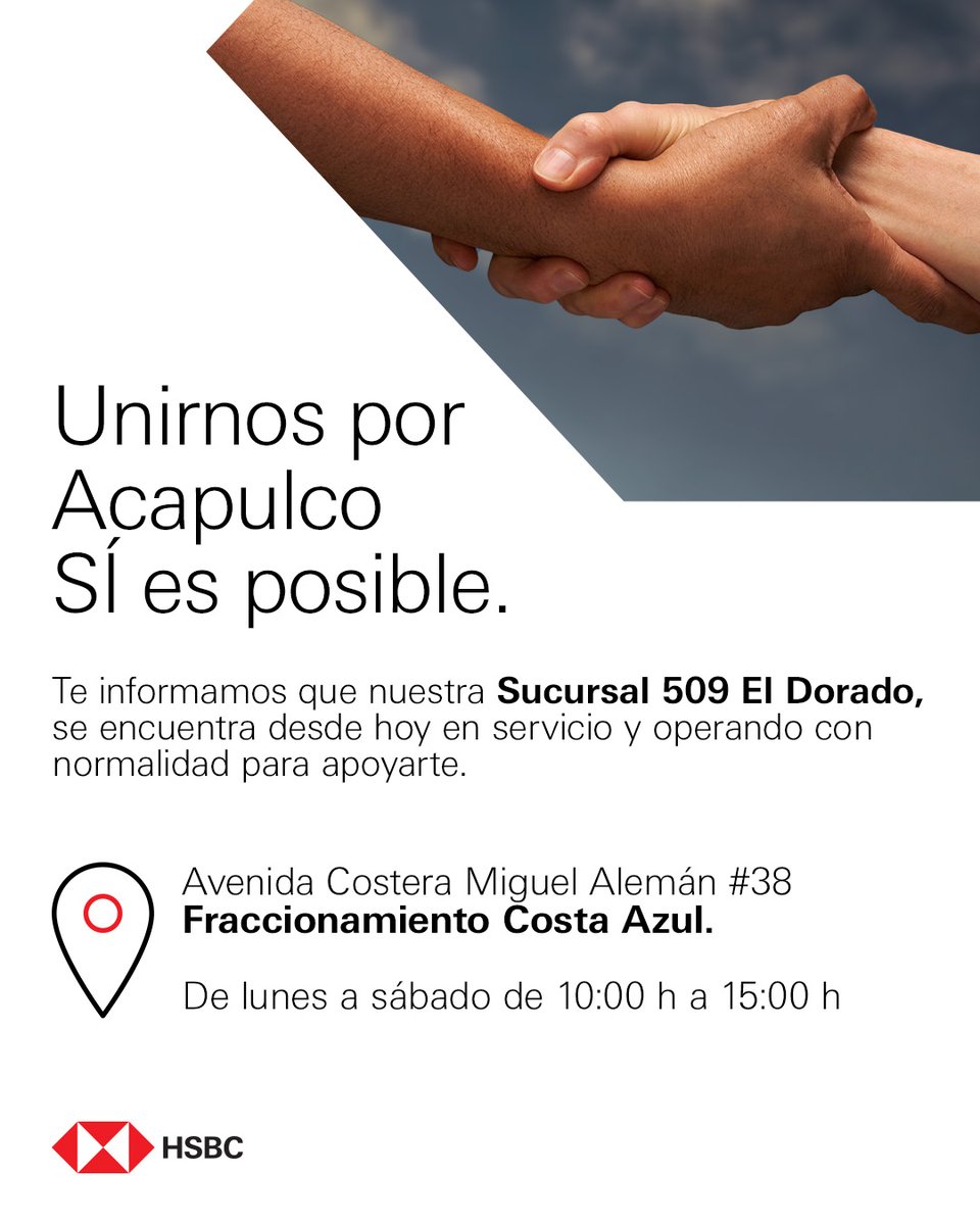 Apoyamos a nuestros clientes de Acapulco de Juárez, Guerrero, afectados por el Huracán Otis. Para más información de otros apoyos da clic: grp.hsbc/6016uqocO