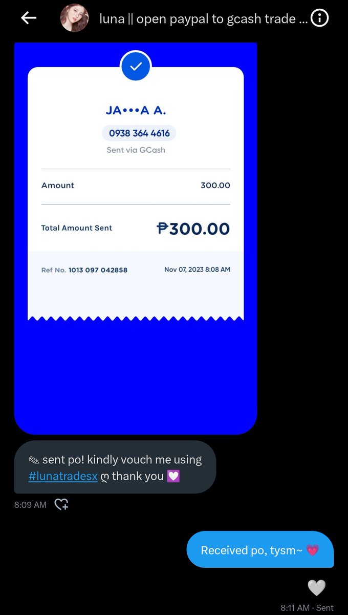 1485erii's tweet photo. Vouch po paypal to gcash trade! Thank you so much for the fast and smooth transaction 💓 @lunatradesx #lunatradesx https://t.co/XsQbjSkpMH