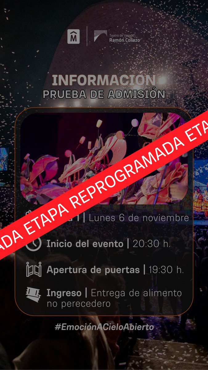 ⚠️ Etapa reprogramada 

Debido a inconvenientes ajenos a la organización, la Etapa de Prueba de Admisión del día de hoy queda reprogramada.

ℹ️ Información sobre programación: teatrodeverano.montevideo.gub.uy/Programacion/P…