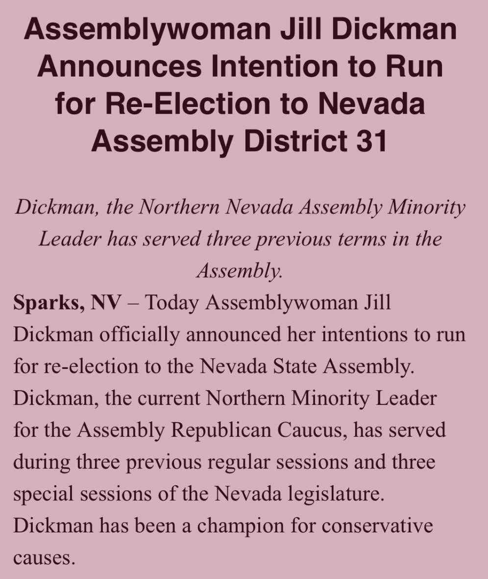 tabitha_mueller's tweet photo. In more #nvleg news, Nevada Assembly Minority leader @JillDickmanNV announces her intention to run for re-election in #AD31. 👀 https://t.co/UA5B2t167e