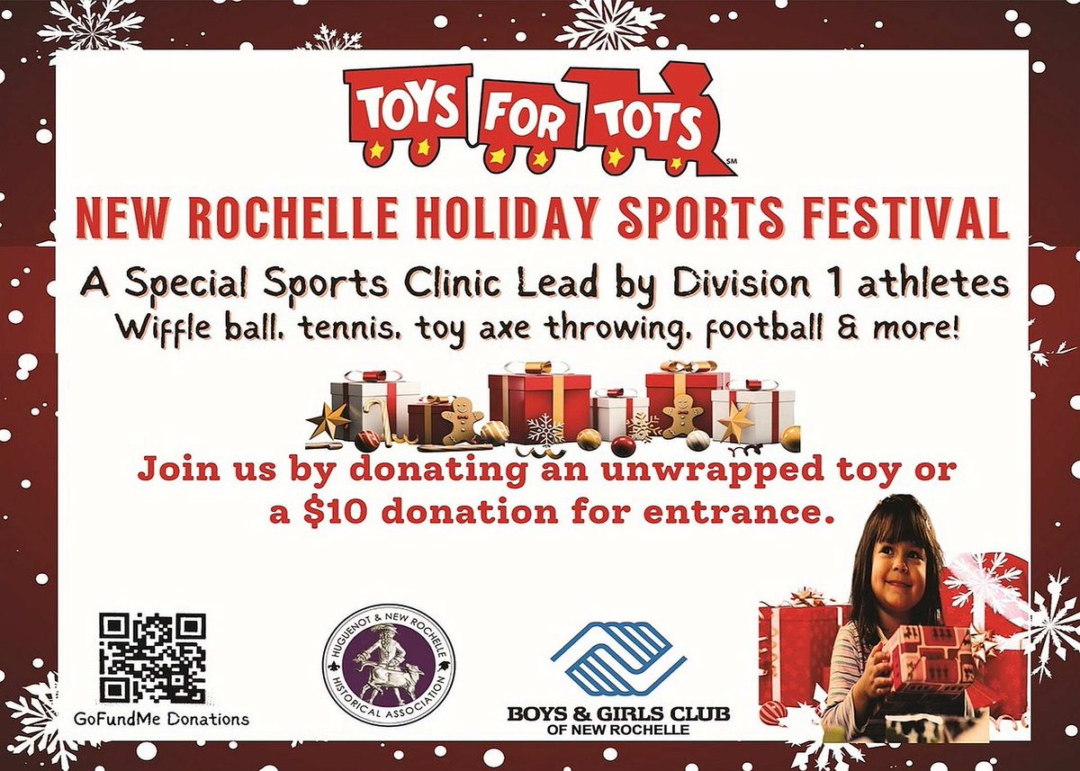 PaineCottage's tweet photo. New Rochelle Holiday Sports Festival. Dec. 2nd 10:30-1:30pm. Toys 4 Tots event. Sports Clinic lead by Division 1 athletes. Music, goodies fun! Held at Boys Girls Club of NR. Hosted by HNRHA &amp; BGCNR. https://t.co/o7yuhoHDSl https://t.co/JVSvK91YW3