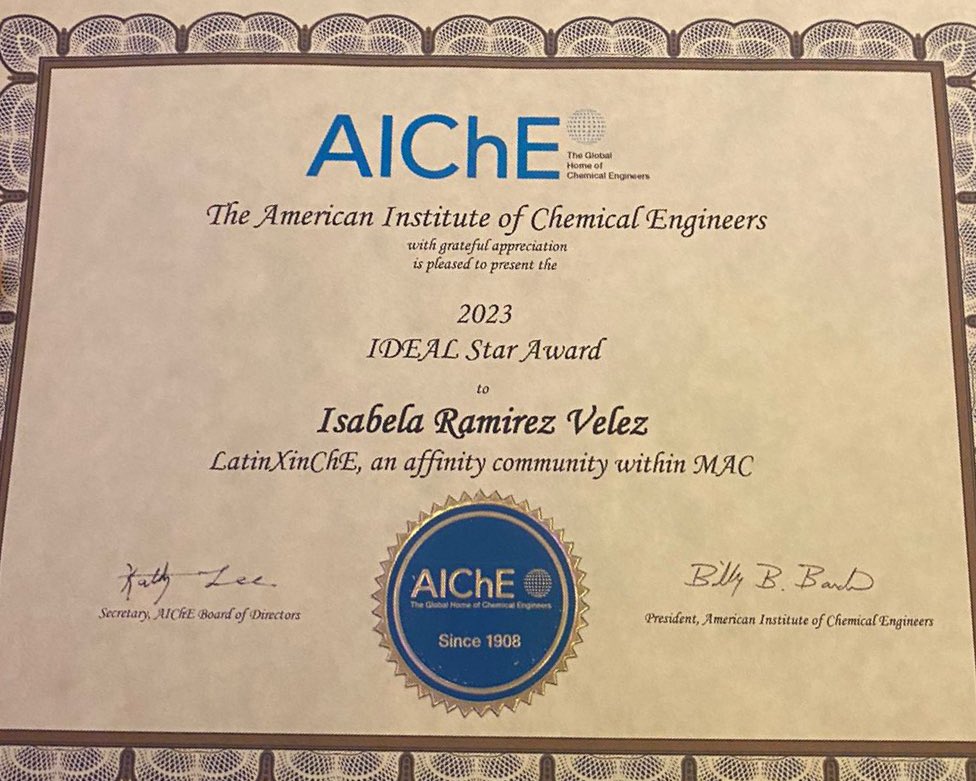 Isabela Ramirez Velez (@iramirezvelez) on Twitter photo Honored to be part of this team and to receive this award! It’s been so rewarding to see our community grow since it’s founding in 2022. Excited for the future of LatinX in ChE! <a href="/LatinXinChE/">LatinX in ChE</a> Honored to be part of this team and to receive this award! It’s been so rewarding to see our community grow since it’s founding in 2022. Excited for the future of LatinX in ChE! <a href="/LatinXinChE/">LatinX in ChE</a>