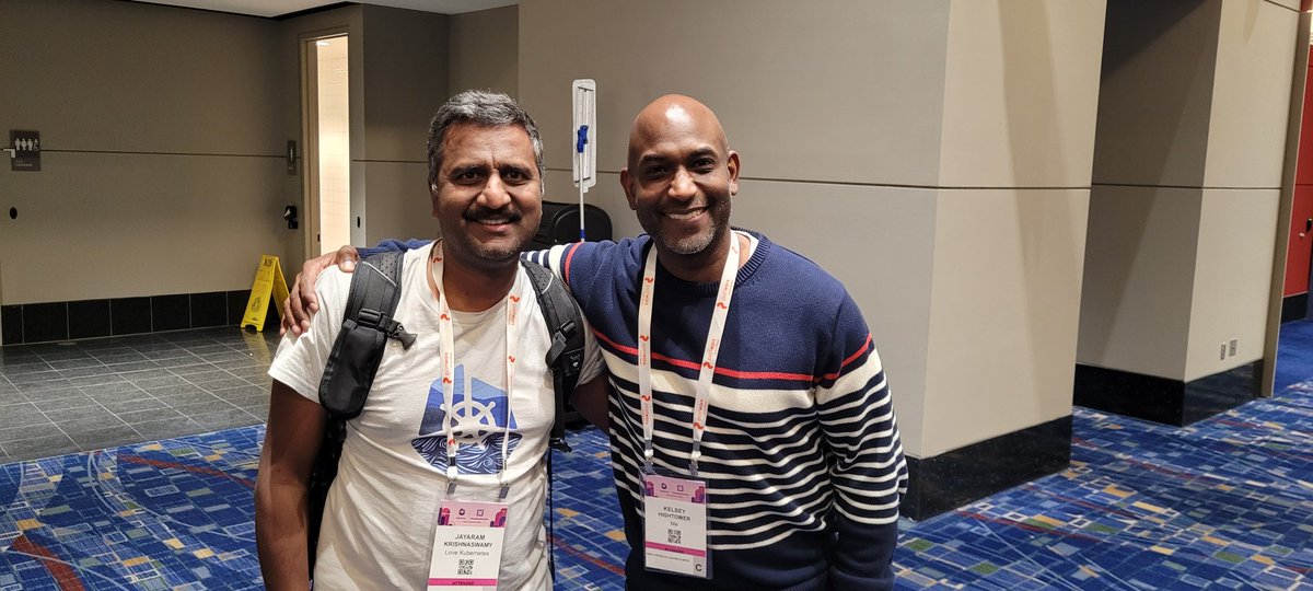 jayaram26's tweet photo. #kubecon NA 2023 is tomorrow but my purpose of coming to kubecon is already accomplished!. Got the #selfie &amp; personal advise/inspiration from @kelseyhightower! https://t.co/ENL2hK4fAH
