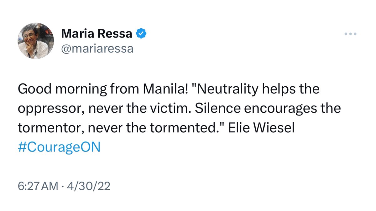 ricci_richy's tweet photo. This was a quote from @mariaressa about neutrality. When you’re neutral when there’s genocide happening and you know who the perpetrator/oppressor is - it says more about which side you support. #CourageOFF https://t.co/EChbCx7PdW